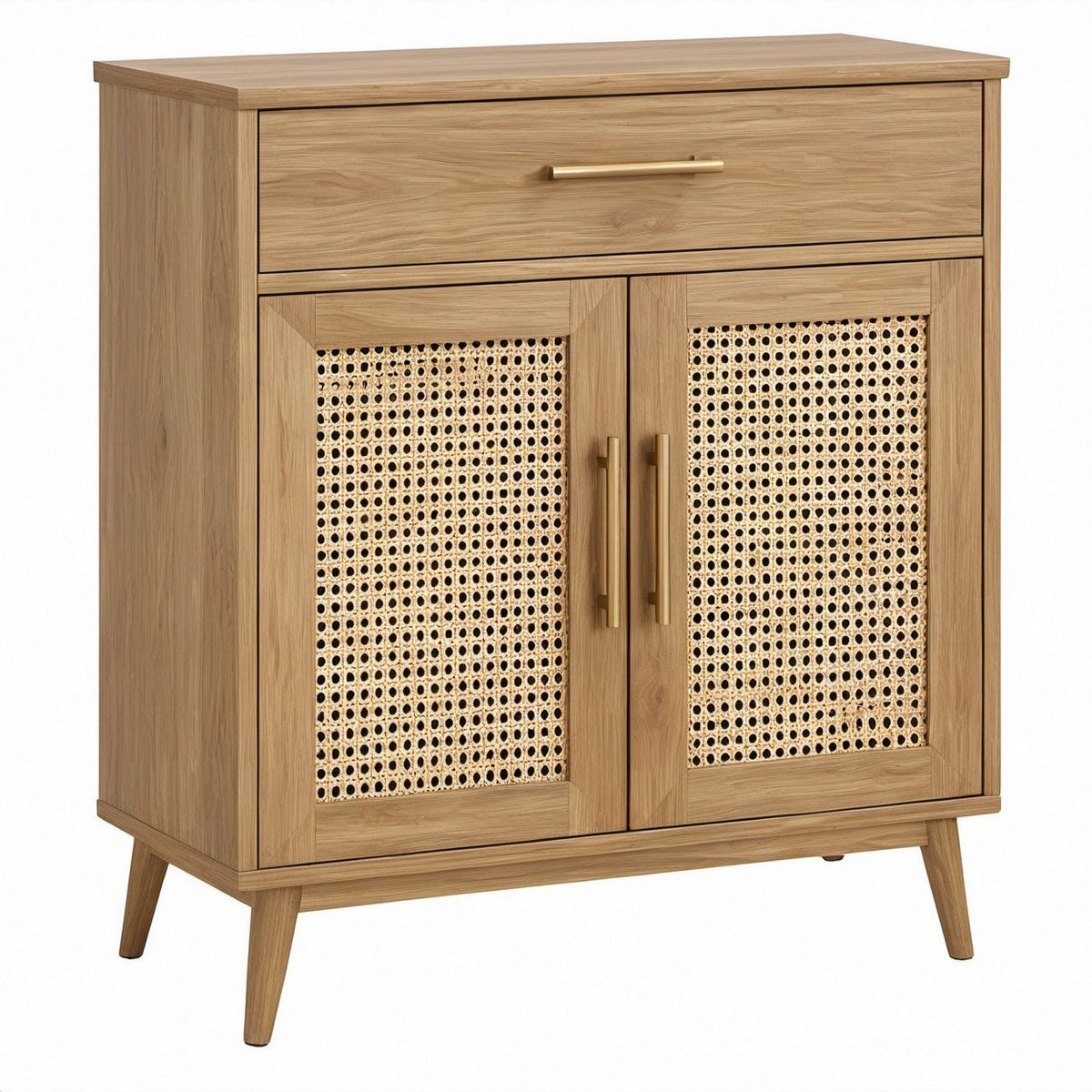 Mobile contenitore in MDF effetto rovere naturale con inserti in rattan, maniglie color ottone, 80 x 40 x 100 cm