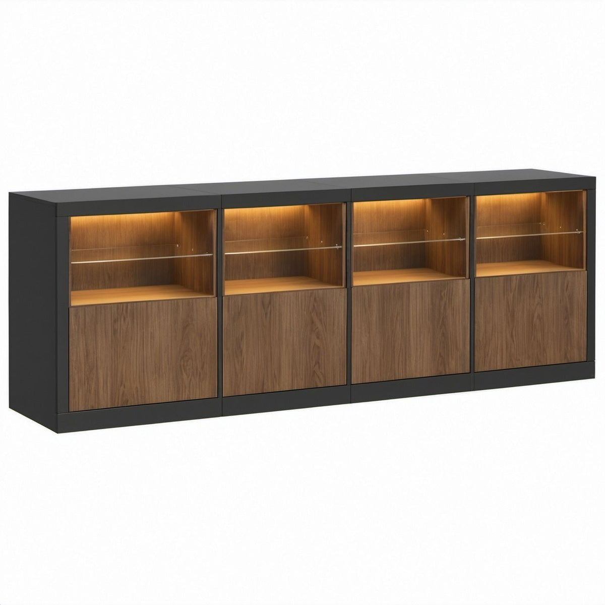 Credenza vetrina a 4 moduli in MDF nero opaco e noce con vetro temperato e LED, 240 x 40 x 100 cm