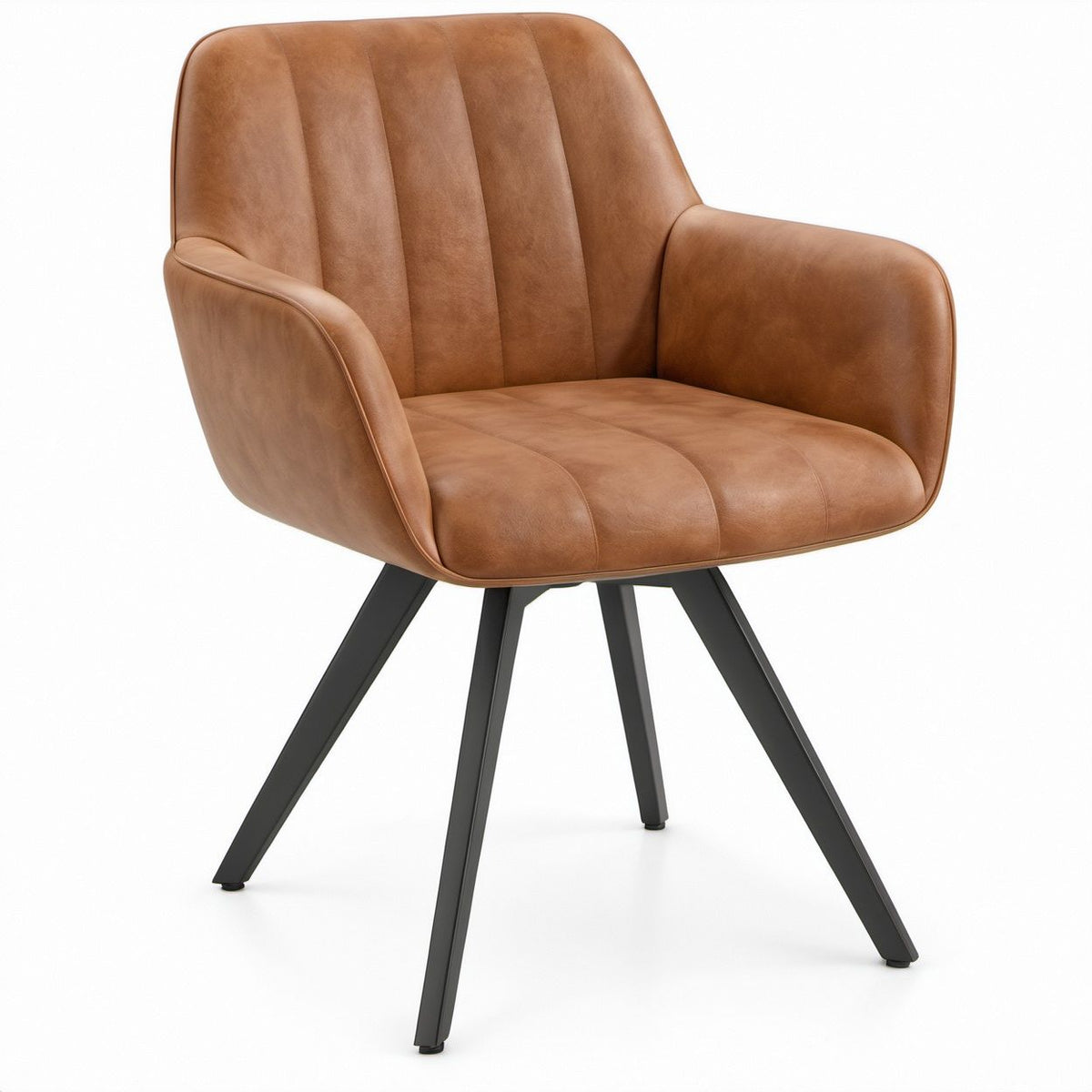 Sedia da pranzo con braccioli in similpelle PU marrone cognac e gambe in acciaio nero, 58 x 62 x 84 cm