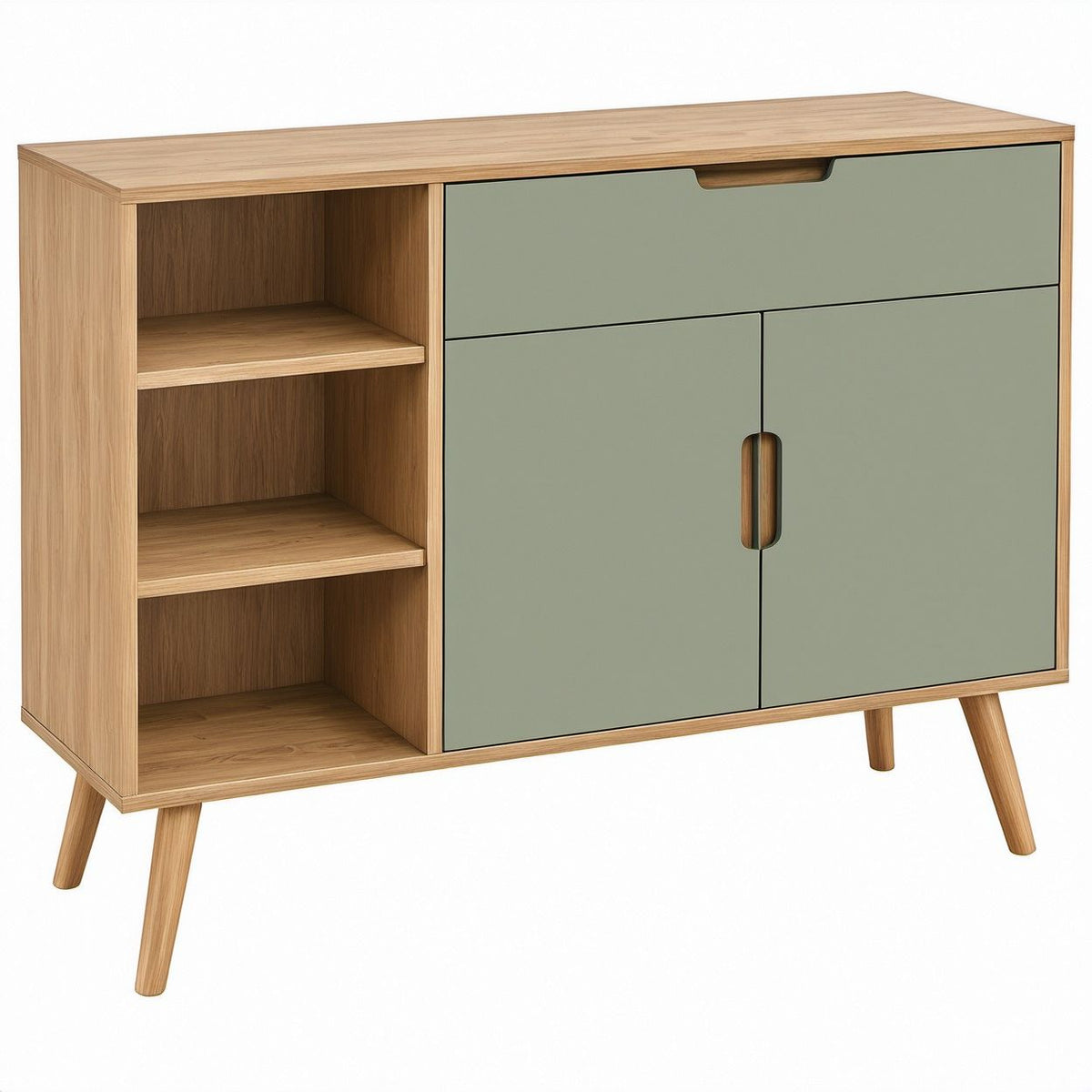 Credenza rettangolare in MDF verde salvia e rovere naturale con 2 ante, cassetto e ripiani, 100 x 40 x 110 cm