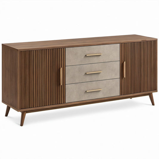 Credenza moderna noce e tortora con 2 ante, 3 cassetti e maniglie ottone, 160 x 45 x 85 cm