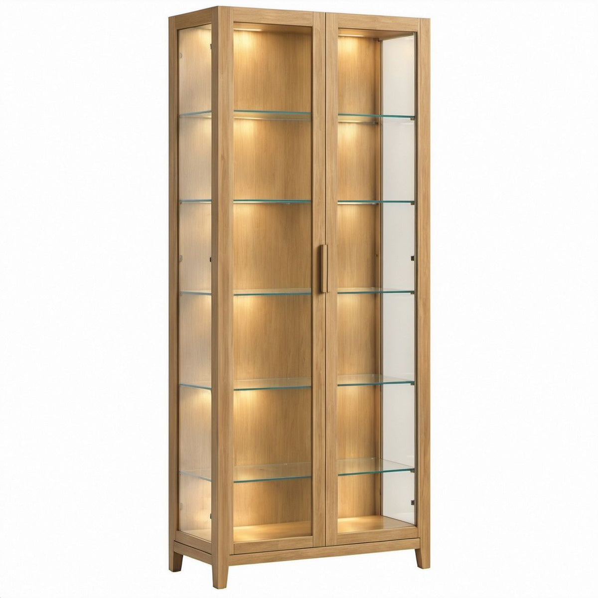 Vetrina rettangolare in rovere naturale e vetro trasparente 90 x 40 x 190 cm con illuminazione LED