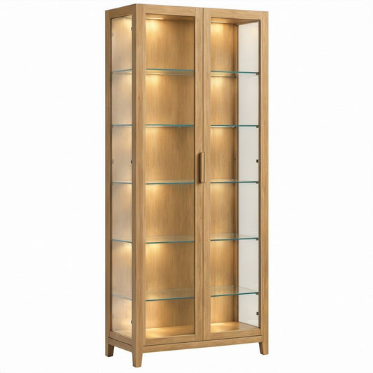 Vetrina rettangolare in rovere naturale e vetro trasparente 90 x 40 x 190 cm con illuminazione LED
