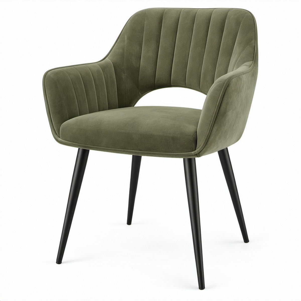 Sedia con Braccioli in Velluto Verde Oliva e Gambe Nere, 60 x 60 x 82 cm