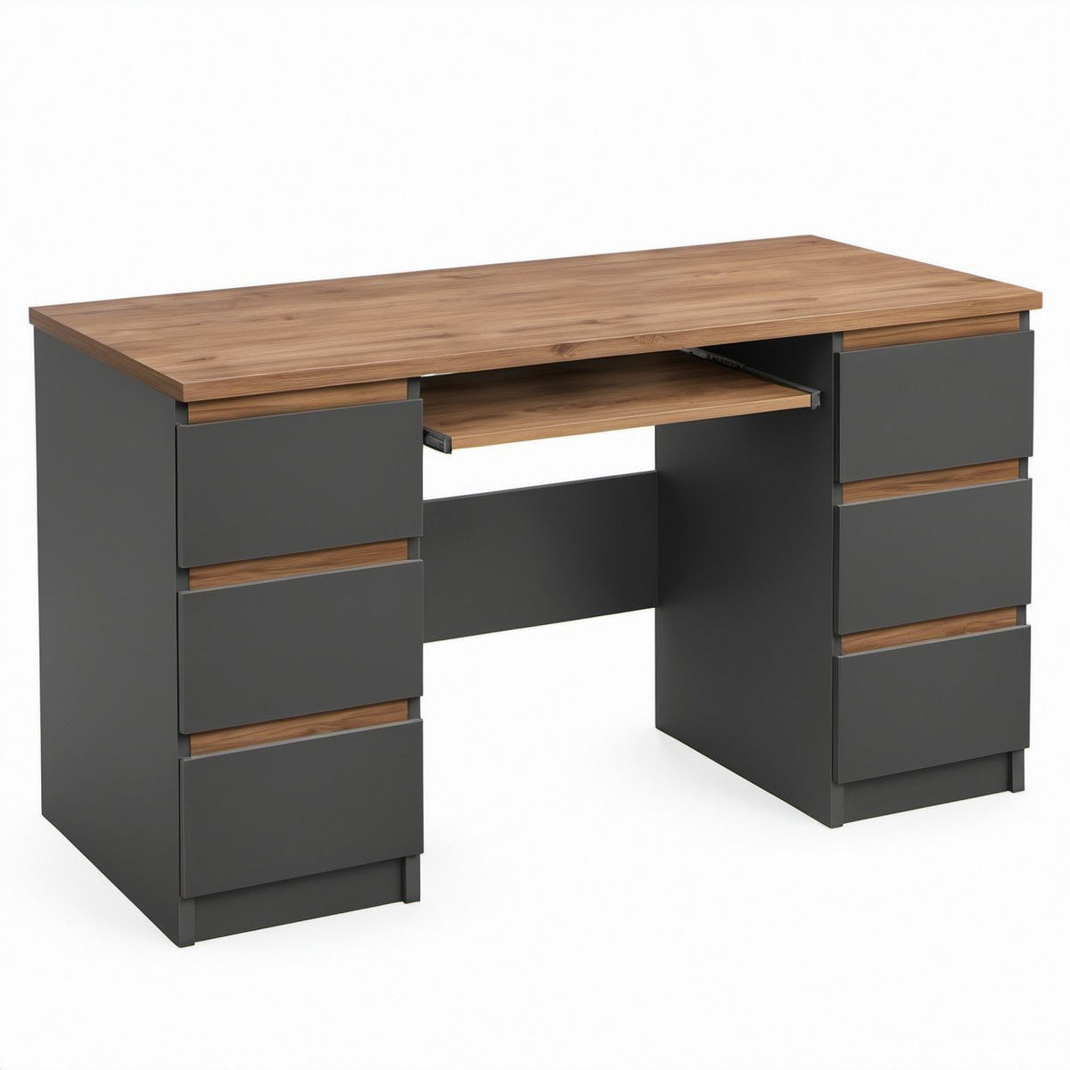 Scrivania rettangolare Noce e Antracite 140 x 60 x 75 cm con 6 cassetti e mensola estraibile