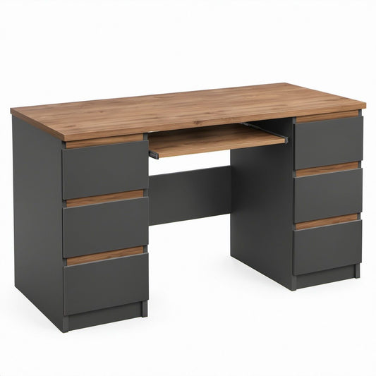 Scrivania rettangolare Noce e Antracite 140 x 60 x 75 cm con 6 cassetti e mensola estraibile