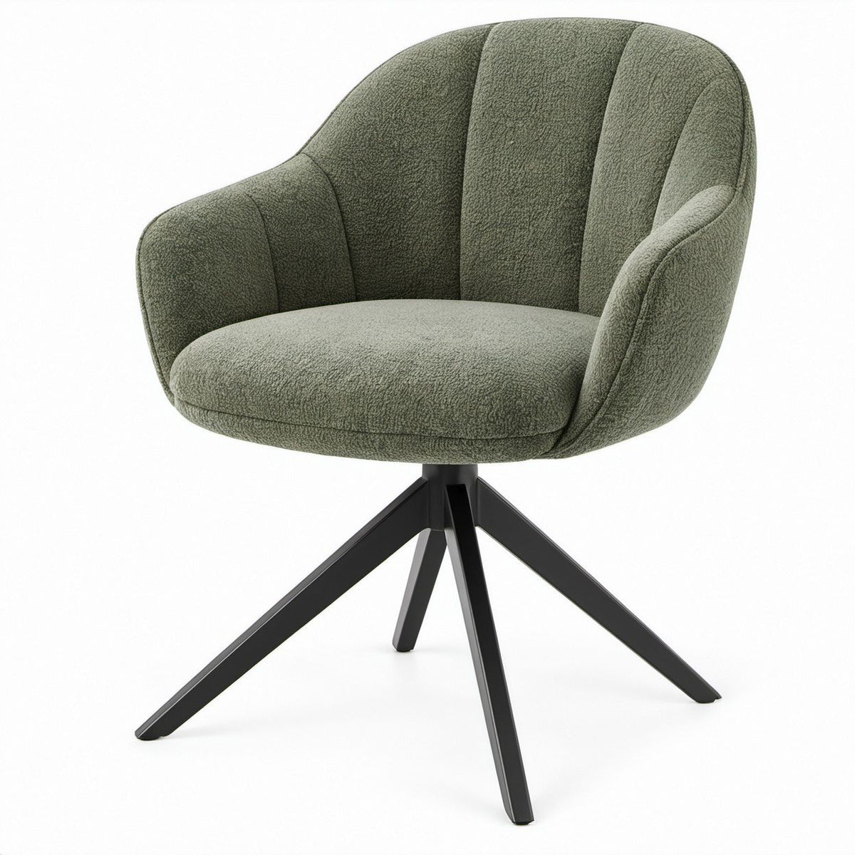 Sedia girevole con braccioli in tessuto bouclé verde salvia e base in acciaio nero 58 x 60 x 84 cm