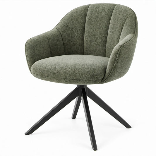 Sedia girevole con braccioli in tessuto bouclé verde salvia e base in acciaio nero 58 x 60 x 84 cm