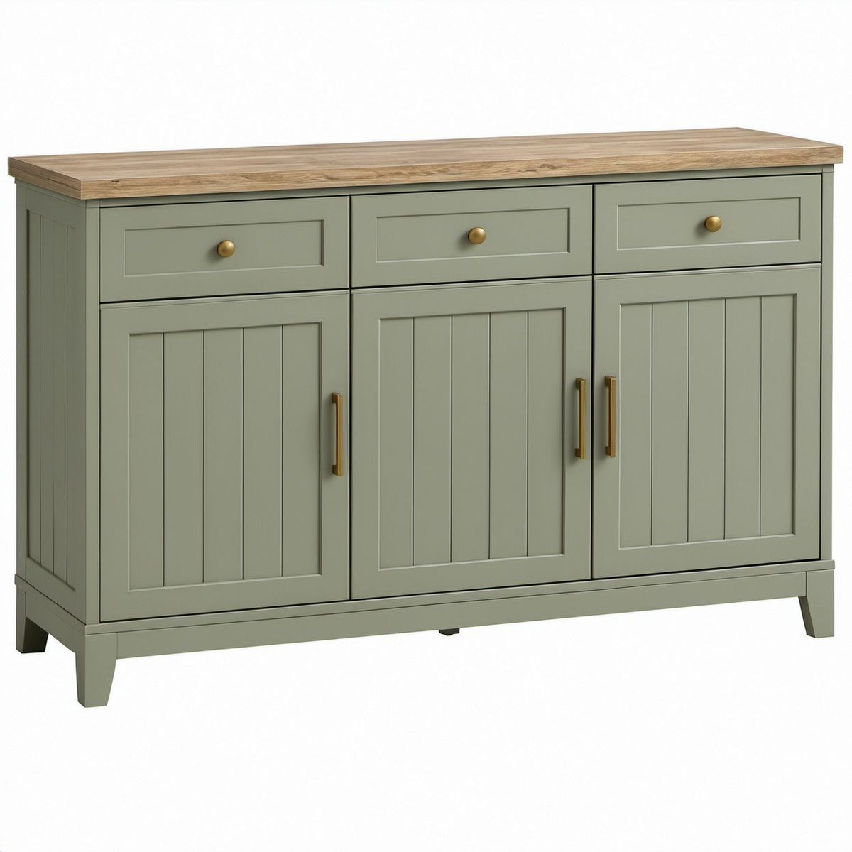 Credenza rettangolare verde salvia effetto rovere con 3 ante e 3 cassetti, 150 x 40 x 90 cm