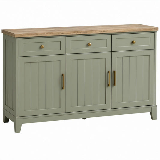 Credenza rettangolare verde salvia effetto rovere con 3 ante e 3 cassetti, 150 x 40 x 90 cm