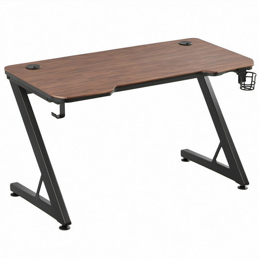 Scrivania gaming 120 x 60 x 75 cm effetto noce e nero con passacavi, portabicchiere e gancio per cuffie
