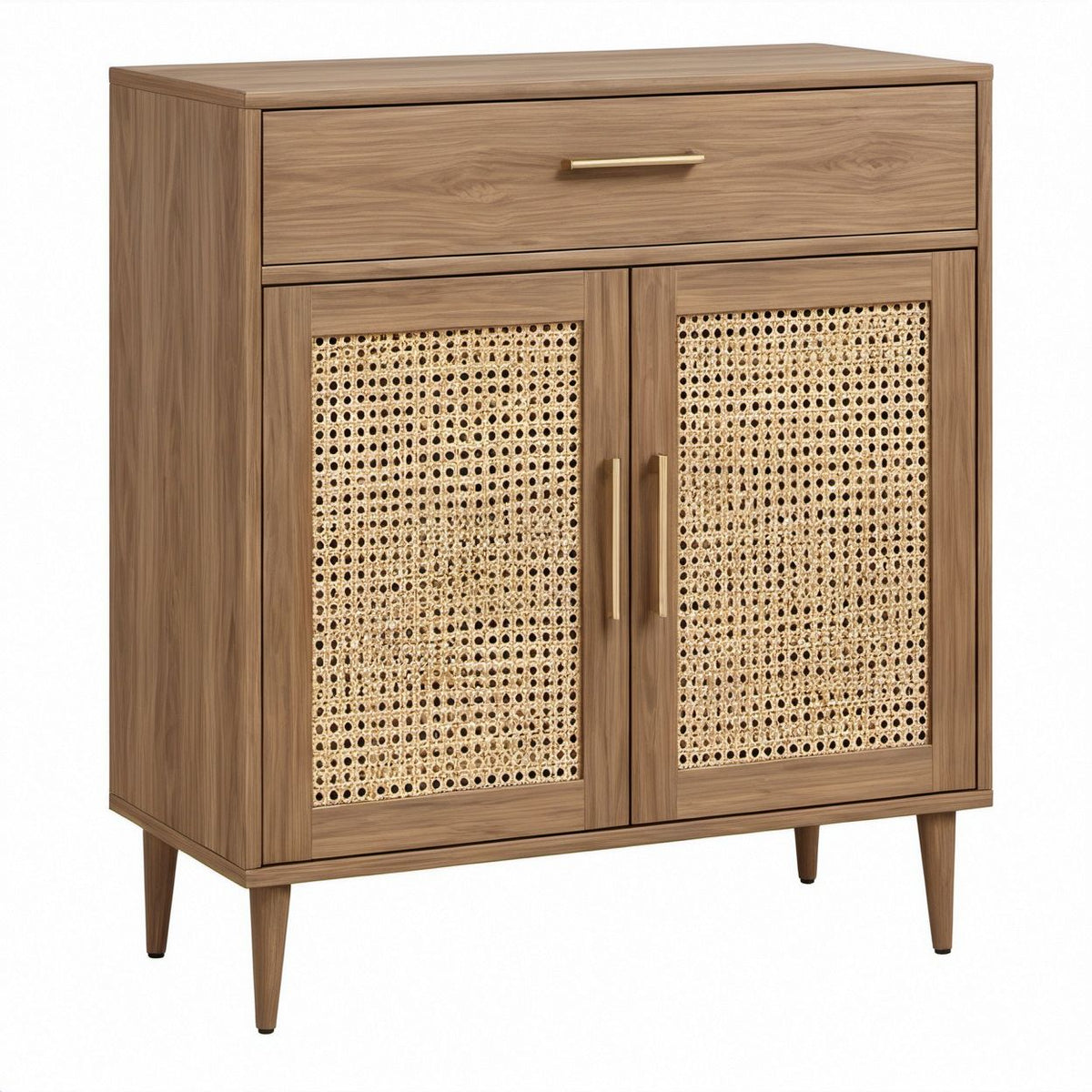 Credenza alta in noce con ante in rattan, cassetto e maniglie color ottone 100 x 40 x 120 cm