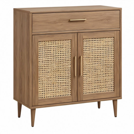 Credenza alta in noce con ante in rattan, cassetto e maniglie color ottone 100 x 40 x 120 cm
